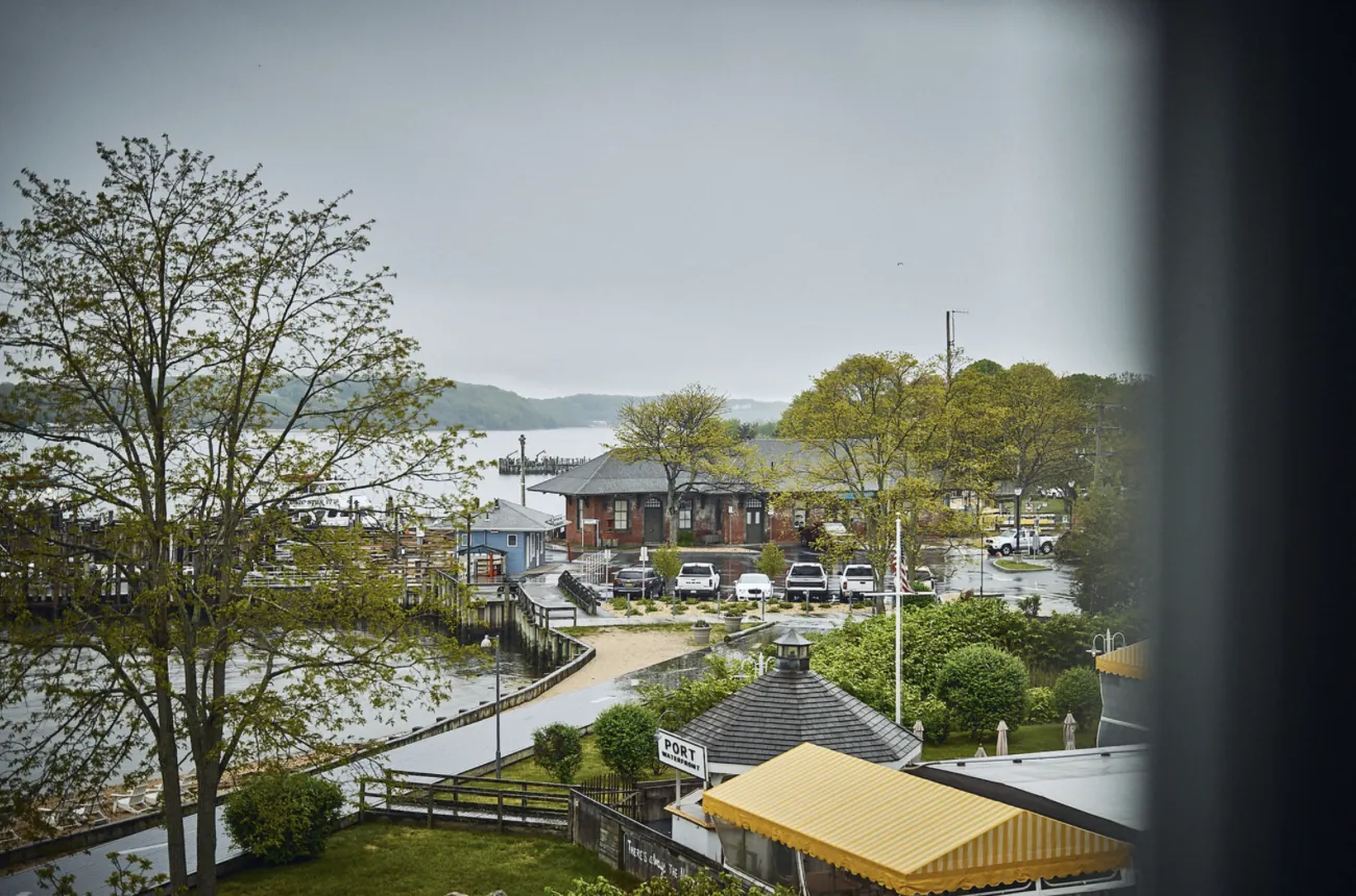 View over a harbor town from a hotel window