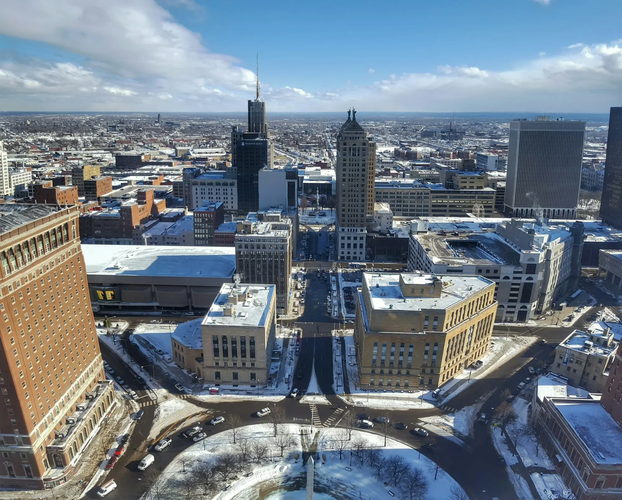 Aerial view of a snowy downtown
