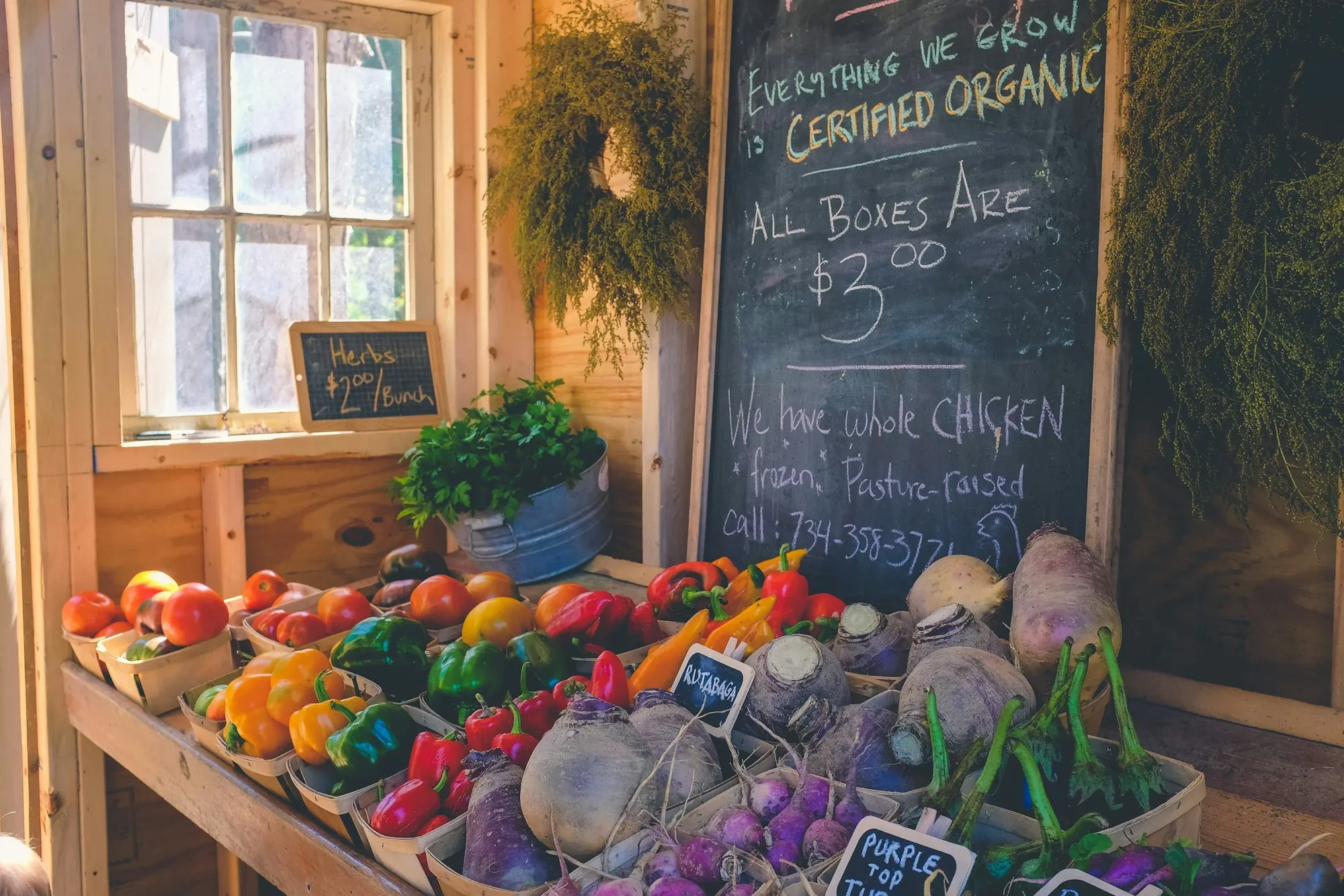 Farm stand with fresh vegetables and a handwritten certified organic sign